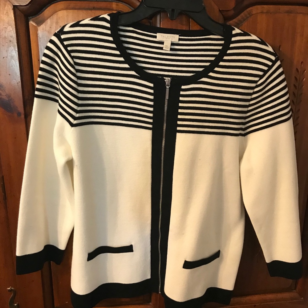 Talbots zip black white stripe jacket medium petite